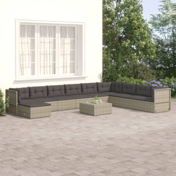 10 Piece Garden Lounge Set with Cushions Grey Poly Rattan