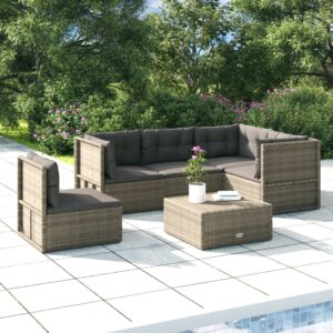 5 Piece Garden Lounge Set with Cushions Grey Poly Rattan