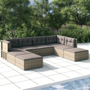 8 Piece Garden Lounge Set with Cushions Grey Poly Rattan