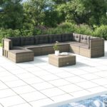 9 Piece Garden Lounge Set with Cushions Grey Poly Rattan