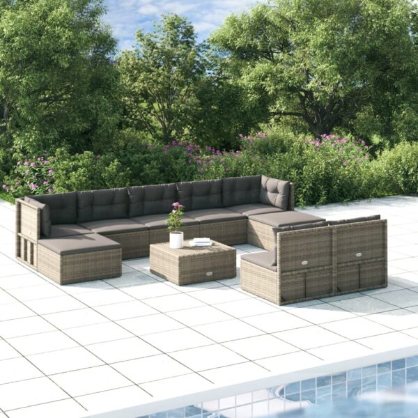 9 Piece Garden Lounge Set with Cushions Grey Poly Rattan