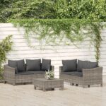 5 Piece Garden Lounge Set with Cushions Grey Poly Rattan