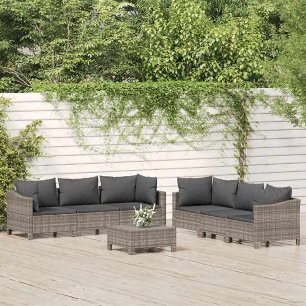 7 Piece Garden Lounge Set with Cushions Grey Poly Rattan