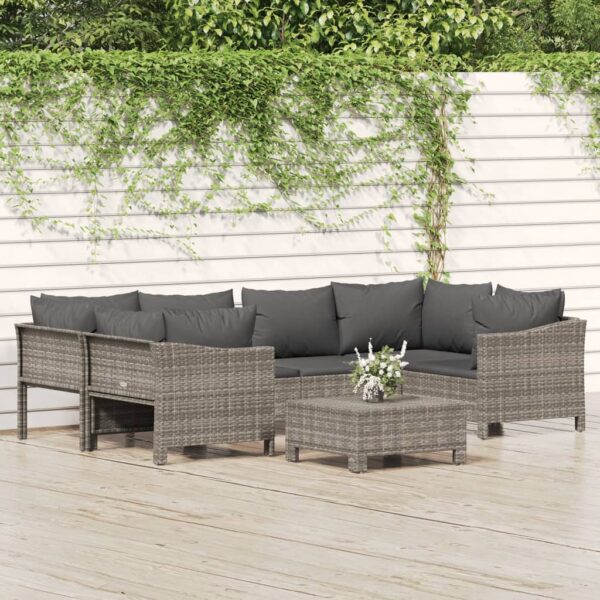 7 Piece Garden Lounge Set with Cushions Grey Poly Rattan