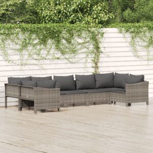 7 Piece Garden Lounge Set with Cushions Grey Poly Rattan