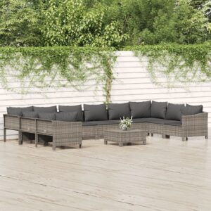 11 Piece Garden Lounge Set with Cushions Grey Poly Rattan