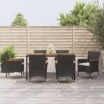 7 Piece Garden Dining Set with Cushions Black Poly Rattan