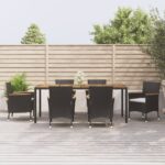 7 Piece Garden Dining Set with Cushions Black Poly Rattan