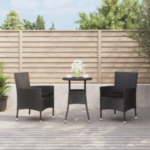 3 Piece Garden Bistro Set with Cushions Black Poly Rattan