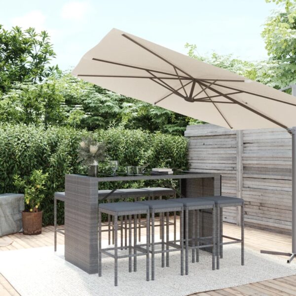 9 Piece Garden Bar Set with Cushions Grey Poly Rattan