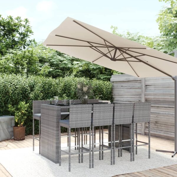 9 Piece Garden Bar Set with Cushions Grey Poly Rattan