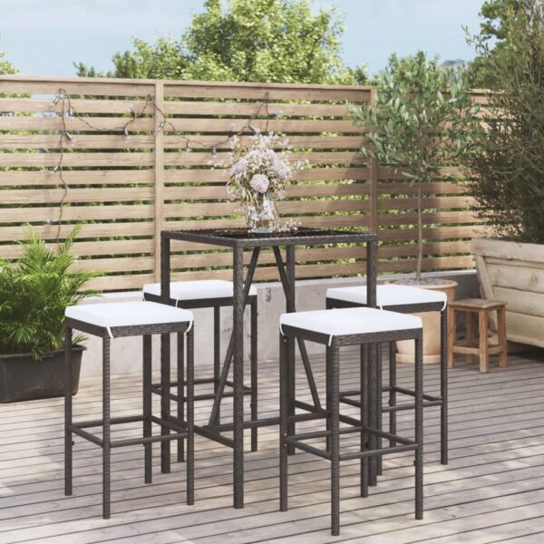 Stylish Black Poly Rattan Garden Bar Set with Cushions - Weather Resistant  Comfortable Seating  Tempered Glass Tabletop