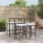 Stylish Black Poly Rattan Garden Bar Set with Cushions - Weather Resistant  Comfortable Seating  Tempered Glass Tabletop