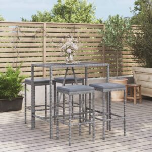 Stylish Grey Garden Bar Set with Cushions - Poly Rattan Outdoor Furniture - Weather Resistant  Comfortable Seating  Tempered Glass Tabletop