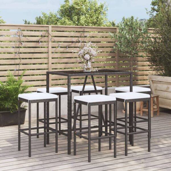 Stylish Black Poly Rattan Garden Bar Set with Cushions - Weather Resistant  Comfortable Seating  Tempered Glass Tabletop