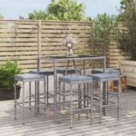 Stylish Grey Garden Bar Set with Cushions - Poly Rattan Outdoor Furniture - Weather Resistant  Comfortable Seating  Tempered Glass Tabletop