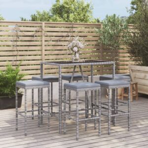 Stylish Grey Garden Bar Set with Cushions - Poly Rattan Outdoor Furniture - Weather Resistant  Comfortable Seating  Tempered Glass Tabletop