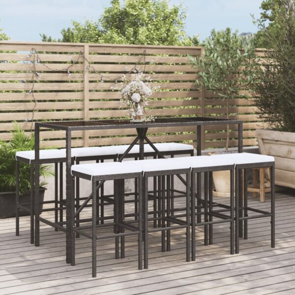 9 Piece Garden Bar Set with Cushions Black Poly Rattan