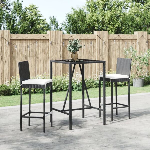 Stylish Outdoor Bar Set with Cushions  Black Poly Rattan  Weather-Resistant  Comfortable Seating  Tempered Glass Tabletop