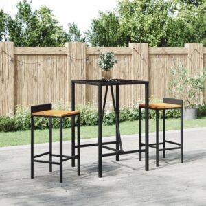 Stylish 3 Piece Garden Bar Set in Black Poly Rattan and Solid Acacia Wood with Tempered Glass Tabletop