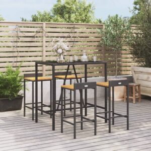 5 Piece Garden Bar Set Black Poly Rattan& Solid Wood Acacia