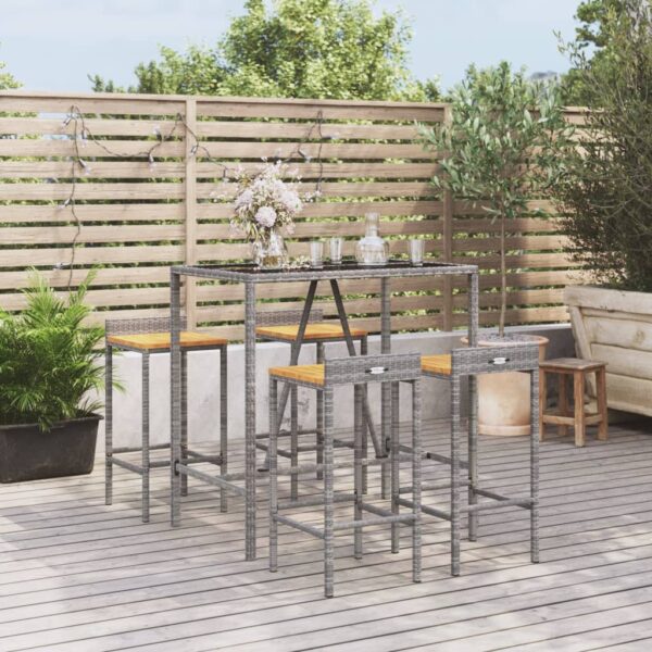 Stylish Grey Garden Bar Set with Poly Rattan and Solid Acacia Wood - Weather Resistant  Comfortable Seating  Tempered Glass Tabletop