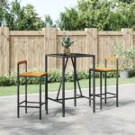 Stylish 3 Piece Garden Bar Set in Black Poly Rattan and Solid Acacia Wood with Tempered Glass Tabletop