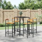 Stylish 5 Piece Garden Bar Set in Black Poly Rattan and Solid Acacia Wood with Tempered Glass Tabletop