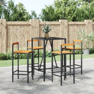 Stylish 5 Piece Garden Bar Set in Black Poly Rattan and Solid Acacia Wood with Tempered Glass Tabletop