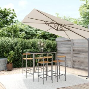 Stylish Grey Garden Bar Set with Poly Rattan and Solid Acacia Wood - Weather Resistant  Comfortable Seating  Tempered Glass Tabletop