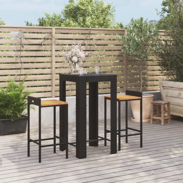 Stylish 3 Piece Garden Bar Set in Black Poly Rattan and Solid Acacia Wood - Weather Resistant and Comfortable Seating