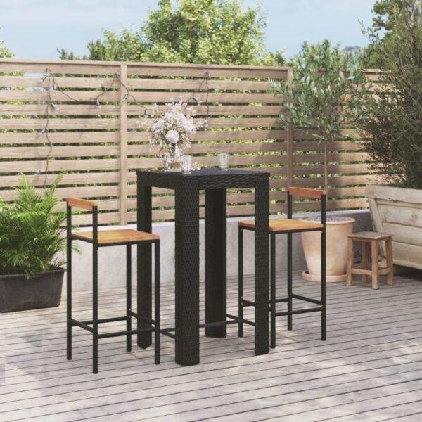 Stylish 3 Piece Garden Bar Set in Black Poly Rattan and Solid Acacia Wood - Weather Resistant  Comfortable Seating  Practical Table