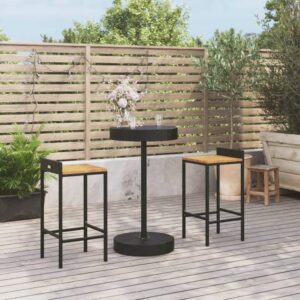 Stylish 3 Piece Garden Bar Set in Black Poly Rattan and Solid Acacia Wood - Weather Resistant and Comfortable Seating for Patio and Outdoor Spaces