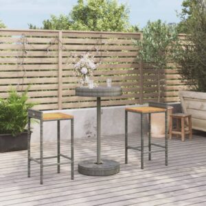 Three Piece Garden Bar Set in Grey Poly Rattan and Solid Acacia Wood - Weather Resistant and Stylish