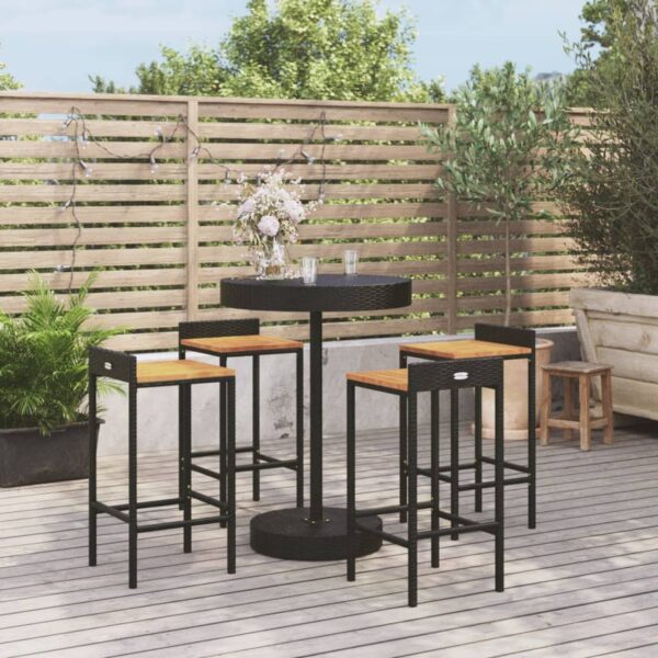 5 Piece Garden Bar Set Black Poly Rattan&Solid Wood Acacia