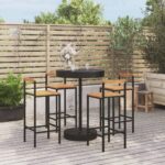 Stylish 5 Piece Garden Bar Set in Black Poly Rattan and Solid Acacia Wood - Weather Resistant and Comfortable Seating