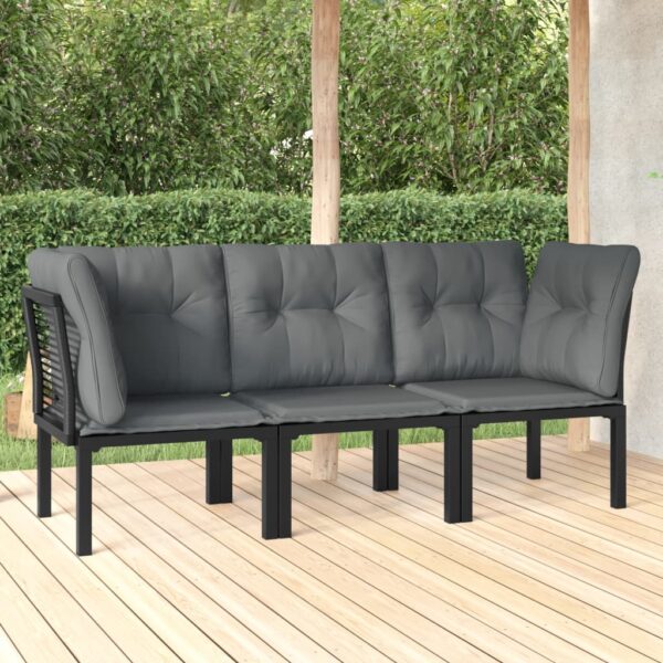 Stylish 3 Piece Garden Lounge Set in Black and Grey Poly Rattan with Comfortable Cushions