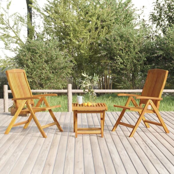 Three Piece Teak Wood Garden Lounge Set with Adjustable Reclining Chairs and Foldable Table