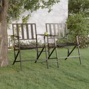 Black Steel Folding Garden Bench  2-Seater  Weather-Resistant  Space-Saving  with Middle Table