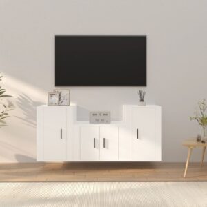 White Engineered Wood 3 Piece TV Cabinet Set  Wall-Mounted Design  Ample Storage Space