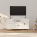 High Gloss White 3 Piece TV Cabinet Set  Engineered Wood  Wall-Mounted  Ample Storage Space