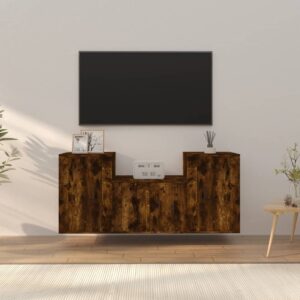 3 Piece Smoked Oak TV Cabinet Set  Engineered Wood  Wall-Mounted Design  Ample Storage Space