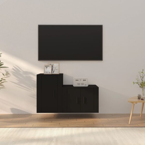 2 Piece TV Cabinet Set in Black  Engineered Wood  Wall-Mounted Design  Ample Storage Space