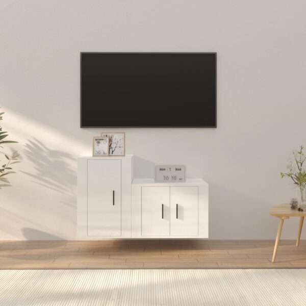 High Gloss White 2 Piece TV Cabinet Set  Engineered Wood  Wall-Mounted  Ample Storage Space