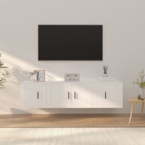 White Engineered Wood 3 Piece TV Cabinet Set  Wall-Mounted Design  Ample Storage Space