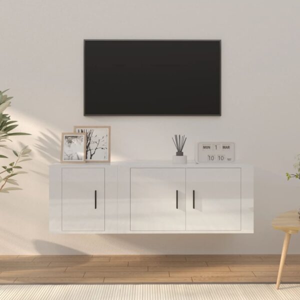 High Gloss White 2 Piece TV Cabinet Set  Engineered Wood  Wall-Mounted  Ample Storage Space