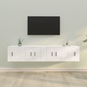 White Engineered Wood TV Cabinet Set - 4 Pieces  Wall-Mounted  Ample Storage  Easy to Clean