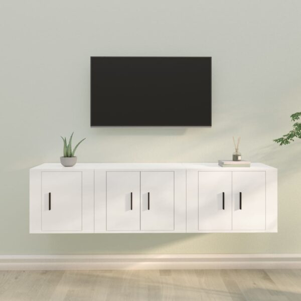 White Engineered Wood 3 Piece TV Cabinet Set  Wall-Mounted Design  Ample Storage Space