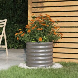 Grey Garden Planter  Powder-Coated Steel  Outdoor Use  Rust-Resistant  Ample Space  Round Shape