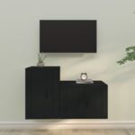 Black Engineered Wood TV Cabinet Set  Wall-Mounted  Ample Storage  Classic Design  2 Pieces